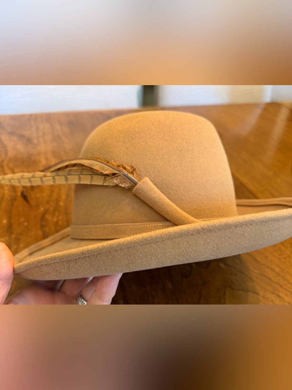 Adolfo 2 Camel Felt Fedora with feather trim